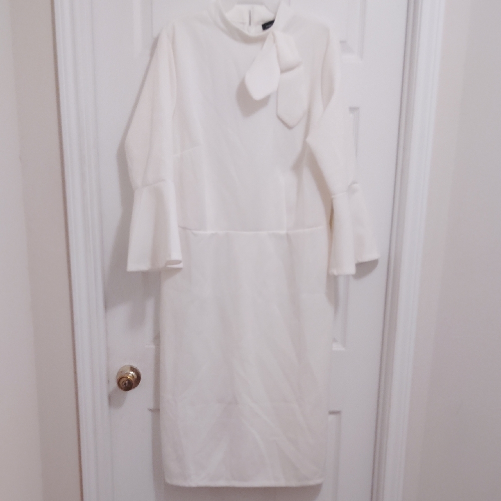 Ashley Stewart White Long Sleeve Dress with Bow